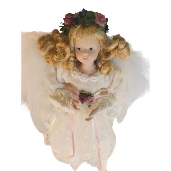 Vintage Style Angel Tree Ornament Cream Lace Gown Blonde Curls Christmas 14x6x2 - Picture 6 of 8